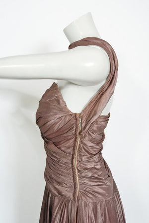 1950's Marjon Couture Mauve Purple Silk Reverse-Halter Pleated Gown