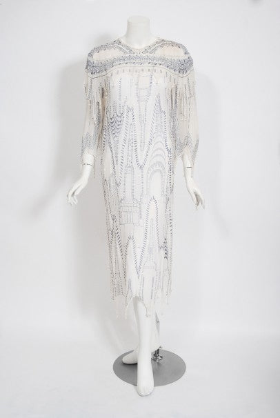 1985 Zandra Rhodes Manhattan City Novelty Hand Painted Ivory Silk Dress