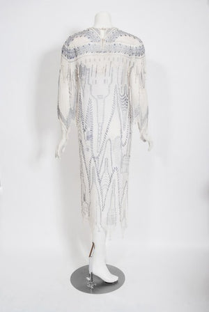 1985 Zandra Rhodes Manhattan City Novelty Hand Painted Ivory Silk Dress