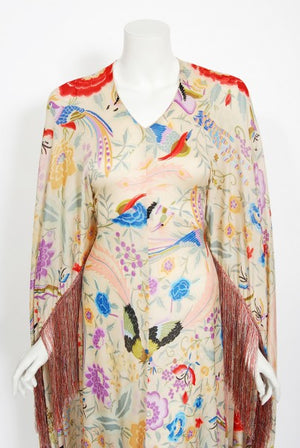 1971 Missoni Couture Floral Bird Print Silk-Jersey Fringe Caftan Gown