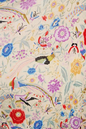 1971 Missoni Couture Floral Bird Print Silk-Jersey Fringe Caftan Gown