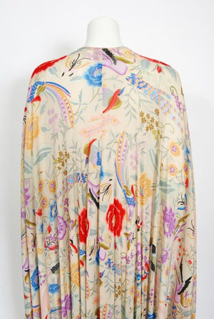 1971 Missoni Couture Floral Bird Print Silk-Jersey Fringe Caftan Gown