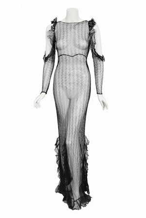 1930's Sheer Black Lace Cut-Out Long Sleeve Bias-Cut Backless Gown