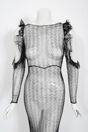 1930's Sheer Black Lace Cut-Out Long Sleeve Bias-Cut Backless Gown
