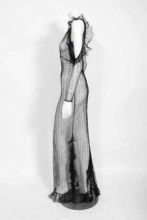 1930's Sheer Black Lace Cut-Out Long Sleeve Bias-Cut Backless Gown