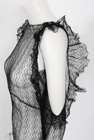 1930's Sheer Black Lace Cut-Out Long Sleeve Bias-Cut Backless Gown
