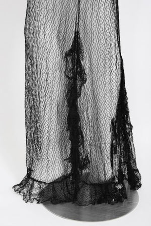 1930's Sheer Black Lace Cut-Out Long Sleeve Bias-Cut Backless Gown