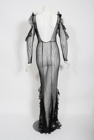 1930's Sheer Black Lace Cut-Out Long Sleeve Bias-Cut Backless Gown