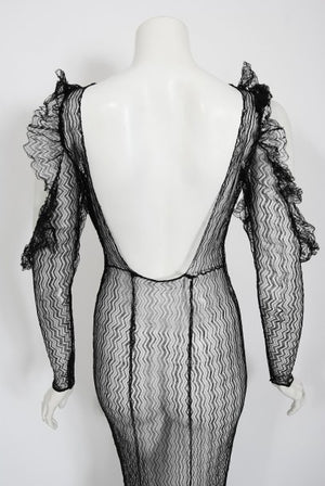 1930's Sheer Black Lace Cut-Out Long Sleeve Bias-Cut Backless Gown