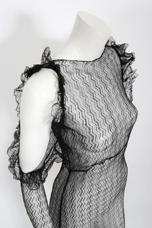 1930's Sheer Black Lace Cut-Out Long Sleeve Bias-Cut Backless Gown