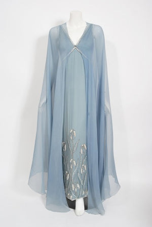1981 Chanel Haute Couture Light Blue Floral Beaded Chiffon Gown & Cape