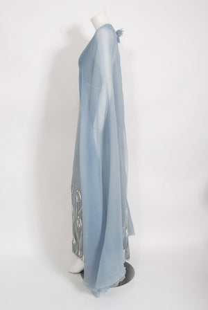 1981 Chanel Haute Couture Light Blue Floral Beaded Chiffon Gown & Cape