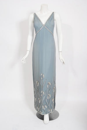 1981 Chanel Haute Couture Light Blue Floral Beaded Chiffon Gown & Cape