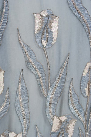 1981 Chanel Haute Couture Light Blue Floral Beaded Chiffon Gown & Cape