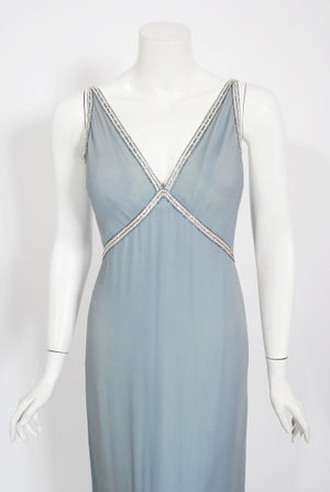 1981 Chanel Haute Couture Light Blue Floral Beaded Chiffon Gown & Cape