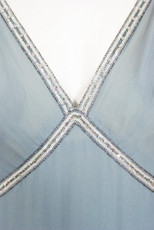 1981 Chanel Haute Couture Light Blue Floral Beaded Chiffon Gown & Cape