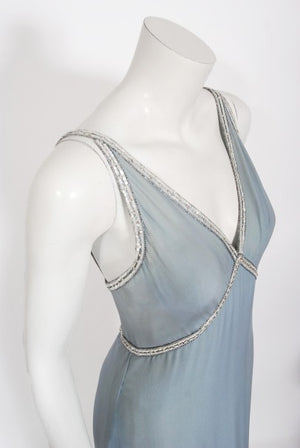 1981 Chanel Haute Couture Light Blue Floral Beaded Chiffon Gown & Cape