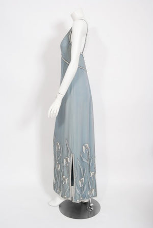 1981 Chanel Haute Couture Light Blue Floral Beaded Chiffon Gown & Cape