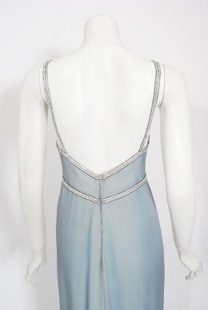 1981 Chanel Haute Couture Light Blue Floral Beaded Chiffon Gown & Cape