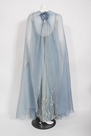 1981 Chanel Haute Couture Light Blue Floral Beaded Chiffon Gown & Cape