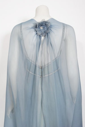 1981 Chanel Haute Couture Light Blue Floral Beaded Chiffon Gown & Cape