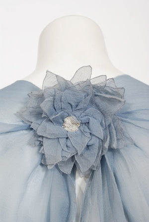1981 Chanel Haute Couture Light Blue Floral Beaded Chiffon Gown & Cape