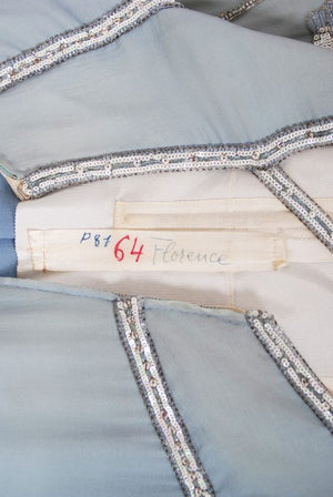 1981 Chanel Haute Couture Light Blue Floral Beaded Chiffon Gown & Cape