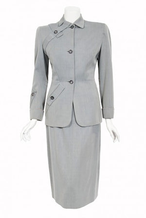 1940's Gilbert Adrian Light Blue Gabardine Asymmetric Noir Jacket Suit