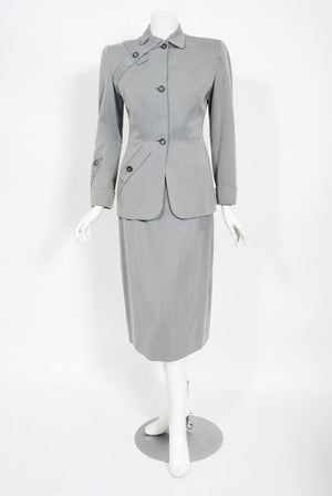 1940's Gilbert Adrian Light Blue Gabardine Asymmetric Noir Jacket Suit