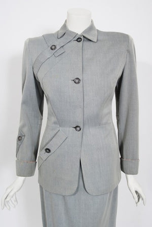 1940's Gilbert Adrian Light Blue Gabardine Asymmetric Noir Jacket Suit