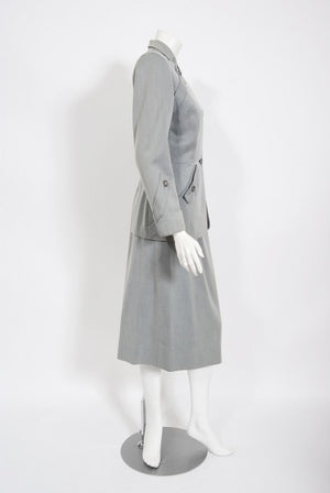 1940's Gilbert Adrian Light Blue Gabardine Asymmetric Noir Jacket Suit