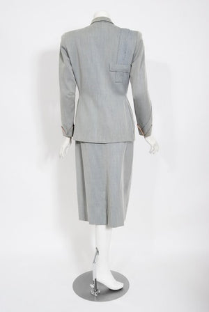 1940's Gilbert Adrian Light Blue Gabardine Asymmetric Noir Jacket Suit