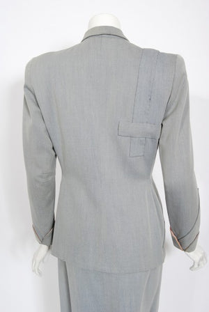 1940's Gilbert Adrian Light Blue Gabardine Asymmetric Noir Jacket Suit