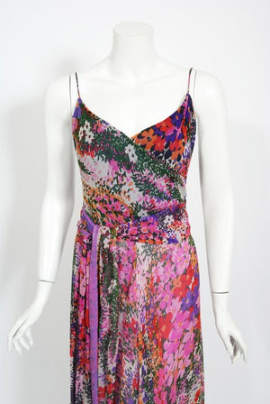 1970's Scott Barrie Purple Floral Chiffon Low-Plunge Maxi Wrap Dress