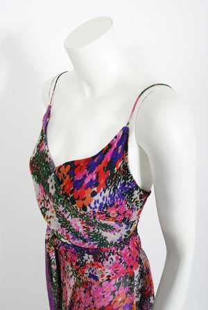 1970's Scott Barrie Purple Floral Chiffon Low-Plunge Maxi Wrap Dress