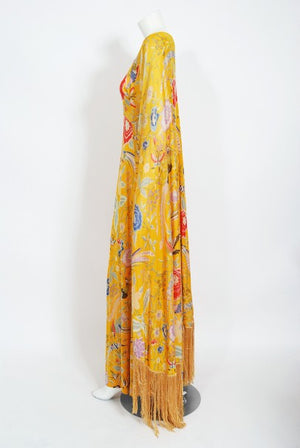 1971 Missoni Marigold Floral Bird Print Silk Jersey Fringe Caftan Gown