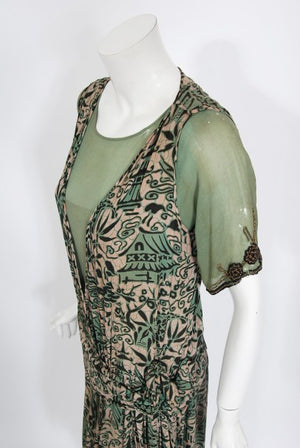 1920's Chinese Architecture Scenic Print Silk & Beaded Chiffon Dress