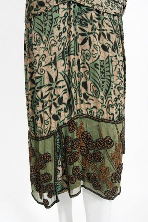 1920's Chinese Architecture Scenic Print Silk & Beaded Chiffon Dress