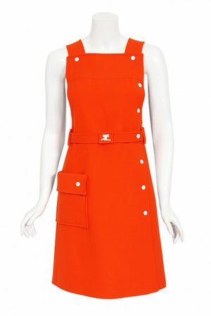 1970 Courreges Hyperbole Orange Wool Space-Age Sleeveless Mod Mini Dress