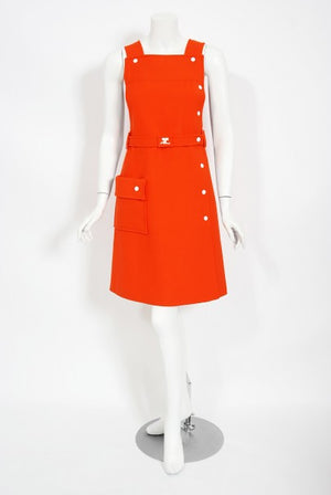1970 Courreges Hyperbole Orange Wool Space-Age Sleeveless Mod Mini Dress