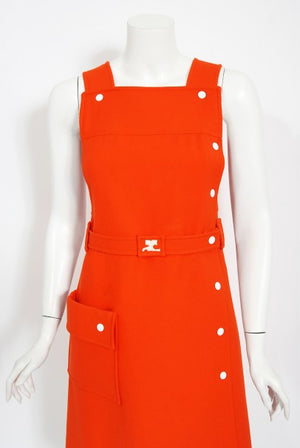 1970 Courreges Hyperbole Orange Wool Space-Age Sleeveless Mod Mini Dress