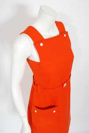 1970 Courreges Hyperbole Orange Wool Space-Age Sleeveless Mod Mini Dress