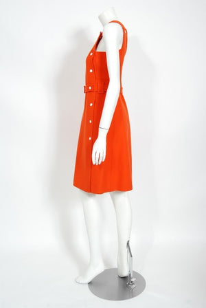 1970 Courreges Hyperbole Orange Wool Space-Age Sleeveless Mod Mini Dress