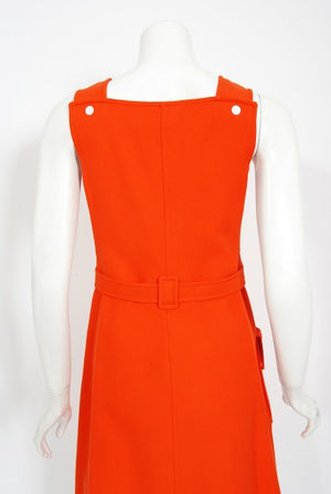 1970 Courreges Hyperbole Orange Wool Space-Age Sleeveless Mod Mini Dress