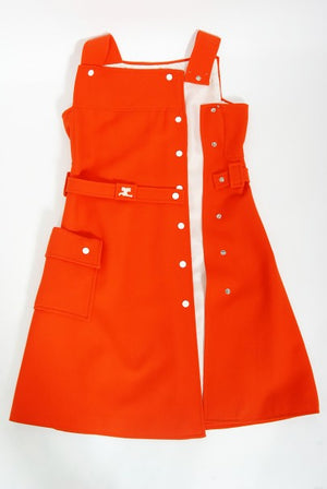 1970 Courreges Hyperbole Orange Wool Space-Age Sleeveless Mod Mini Dress