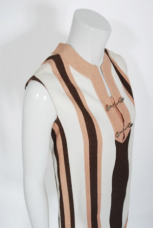 1968 Gucci Couture Cotton-Pique Striped Ivory Pink Mod Mini Tunic Dress