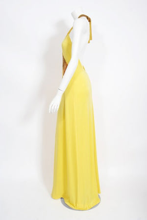 1970's Loris Azzaro Couture Yellow Ombre Beaded Silk-Jersey Halter Gown