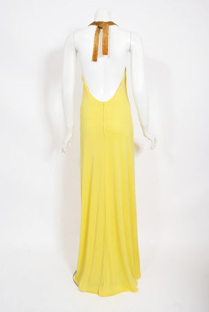 1970's Loris Azzaro Couture Yellow Ombre Beaded Silk-Jersey Halter Gown