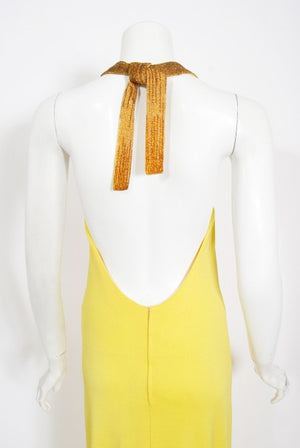 1970's Loris Azzaro Couture Yellow Ombre Beaded Silk-Jersey Halter Gown