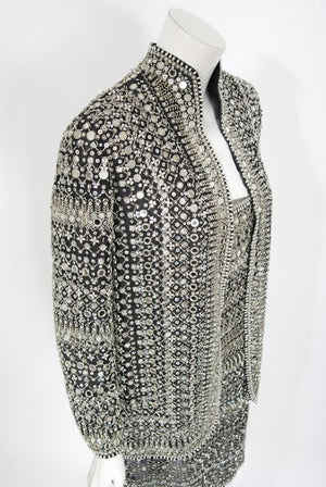 1979 Halston Couture Beaded Mirror Mini Dress & Jacket Made For Liza Minnelli